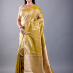 Mustard Yellow Floral Weaved Dola Silk Saree – Side Drape View – Anvi Couture