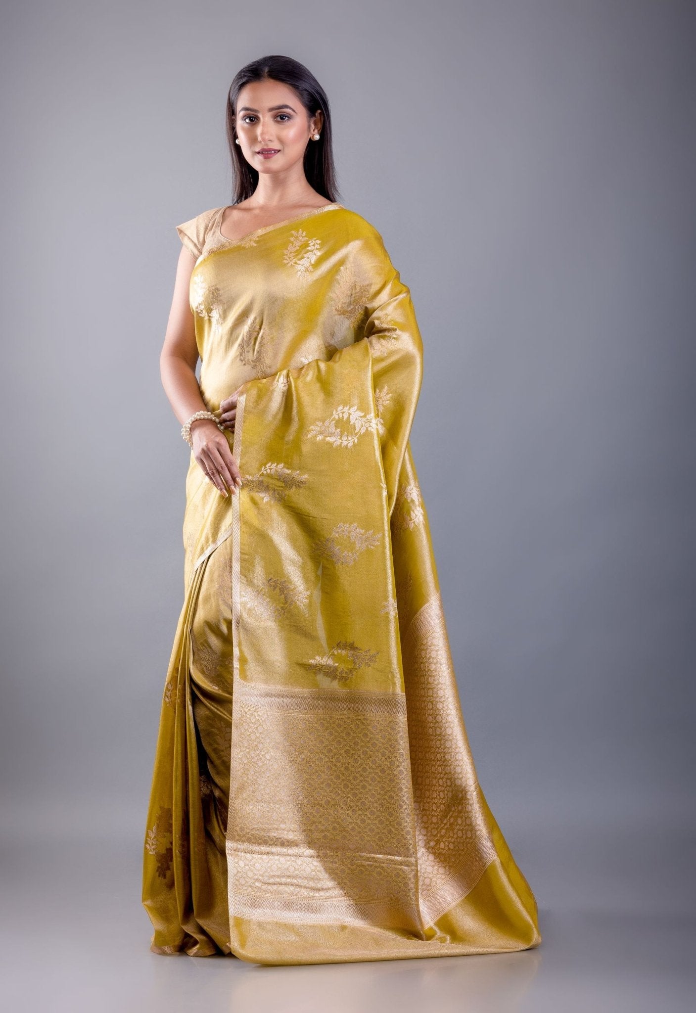 Mustard Yellow Floral Weaved Dola Silk Saree – Side Drape View – Anvi Couture