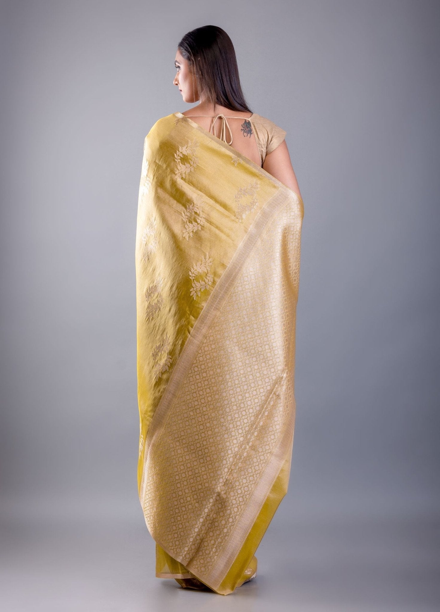 Mustard Yellow Floral Weaved Dola Silk Saree – Back View – Anvi Couture