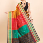 Mustard Yellow Ikkat Saree with Multicolor Border and Pallu Back
