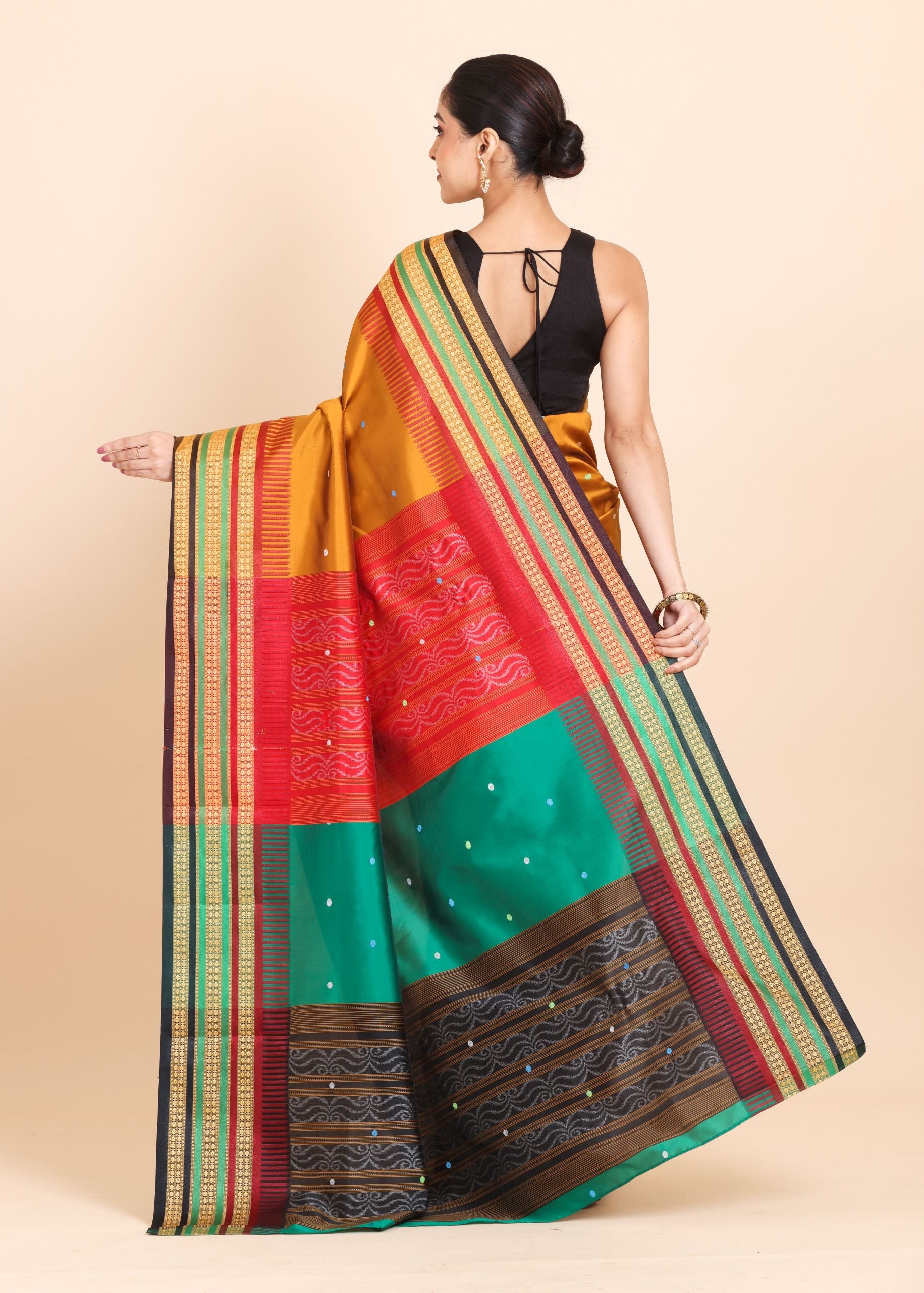Mustard Yellow Ikkat Saree with Multicolor Border and Pallu Back
