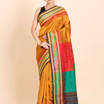 Mustard Yellow Ikkat Saree with Multicolor Border and Pallu Full