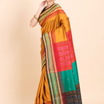 Mustard Yellow Ikkat Saree with Multicolor Border and Pallu Side
