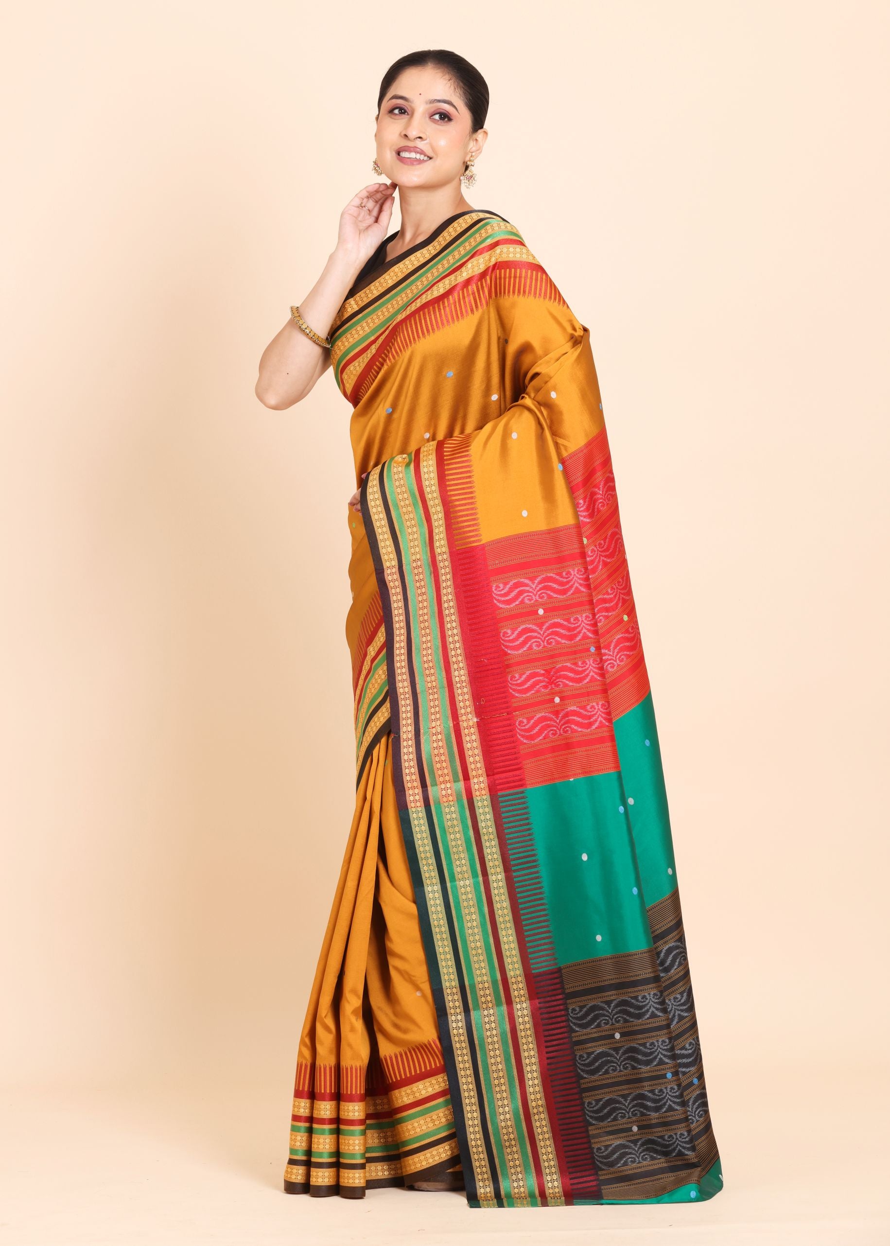 Mustard Yellow Ikkat Saree with Multicolor Border and Pallu Side
