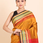 Mustard Yellow Ikkat Saree with Multicolor Border and Pallu Close Up
