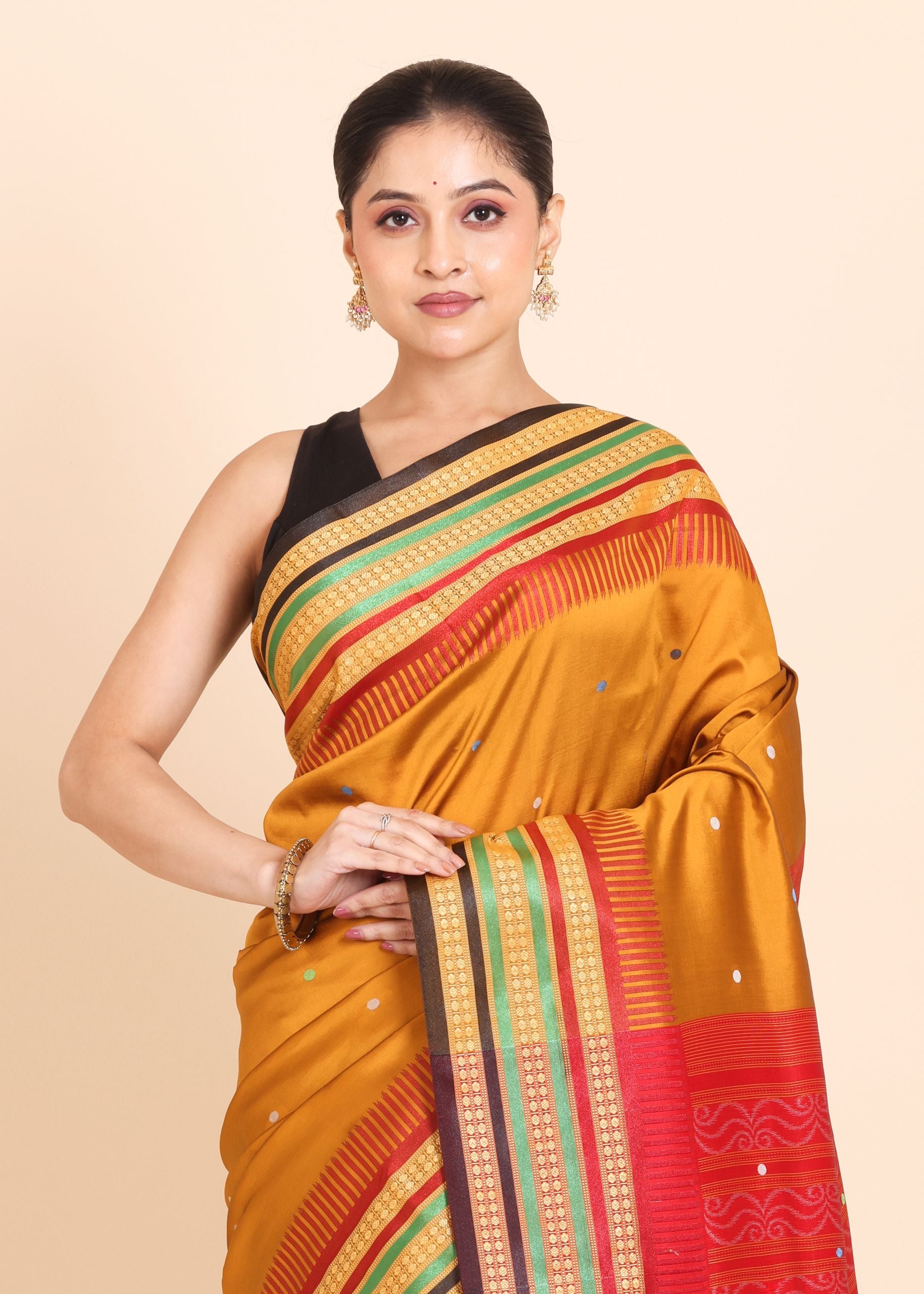 Mustard Yellow Ikkat Saree with Multicolor Border and Pallu Close Up
