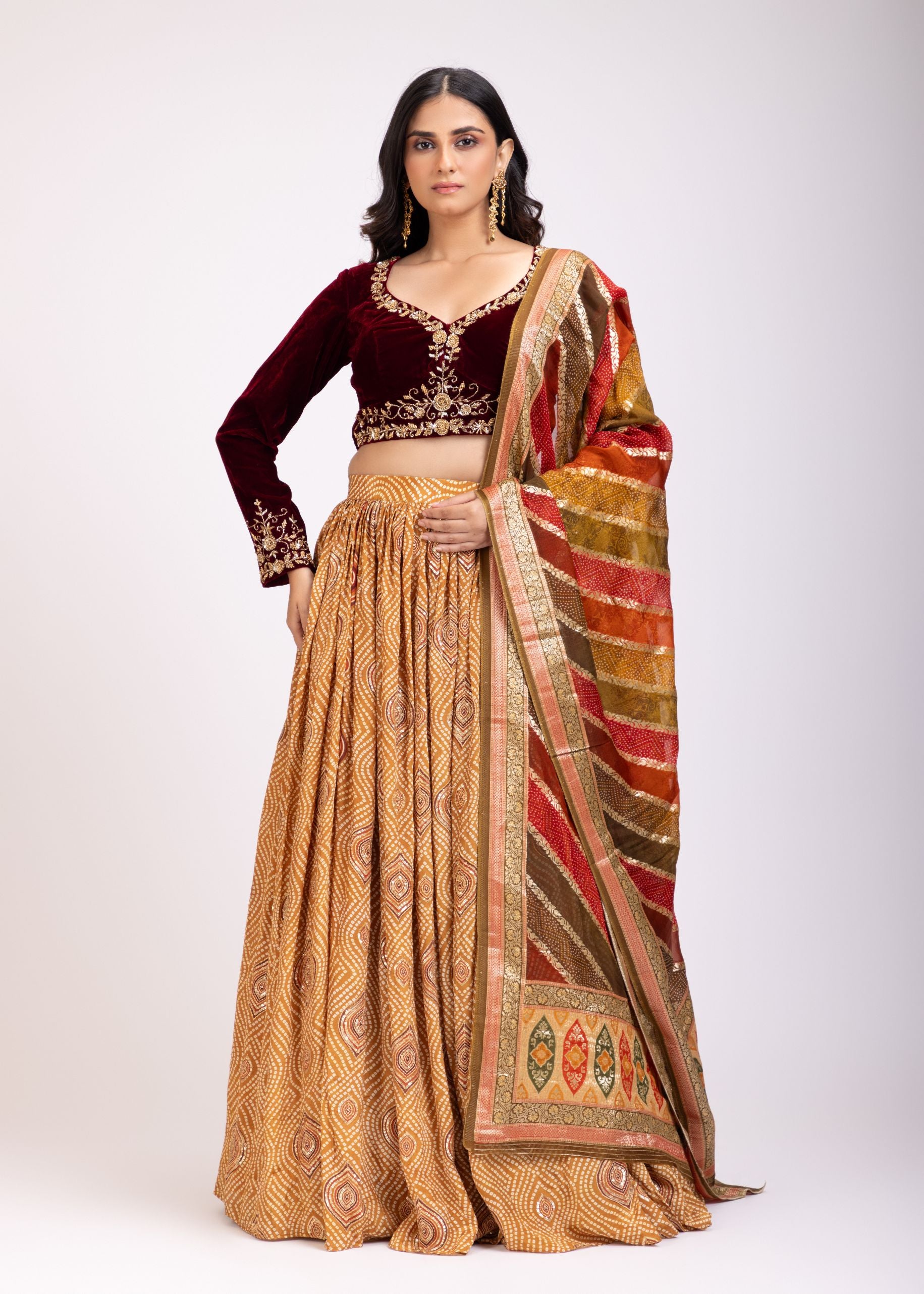 Mustard Yellow Lehenga Set With Marron Velvet Choli full