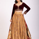 Mustard Yellow Lehenga Set With Marron Velvet Choli front