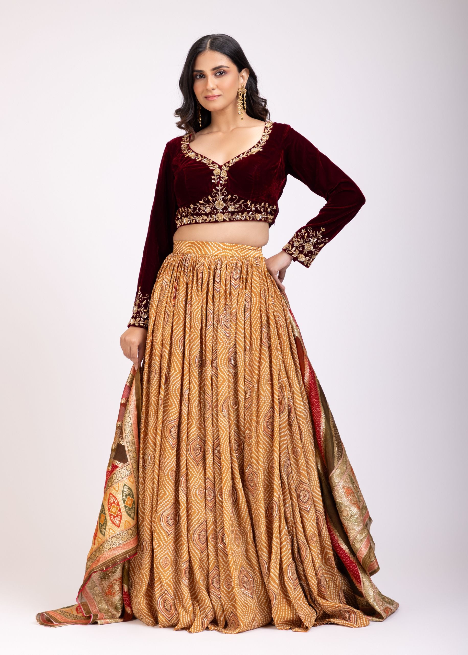 Mustard Yellow Lehenga Set With Marron Velvet Choli front
