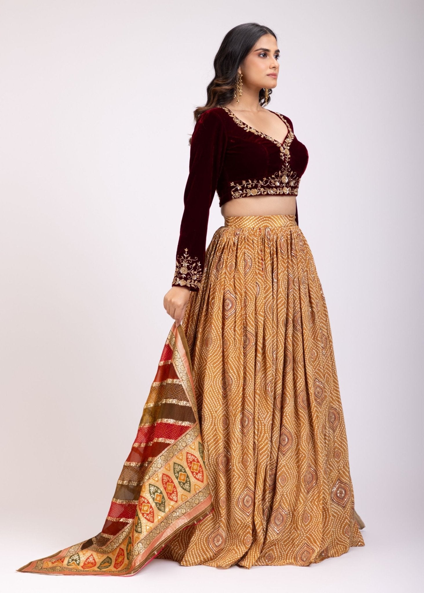 Mustard Yellow Lehenga Set With Marron Velvet Choli - Anvi Couture