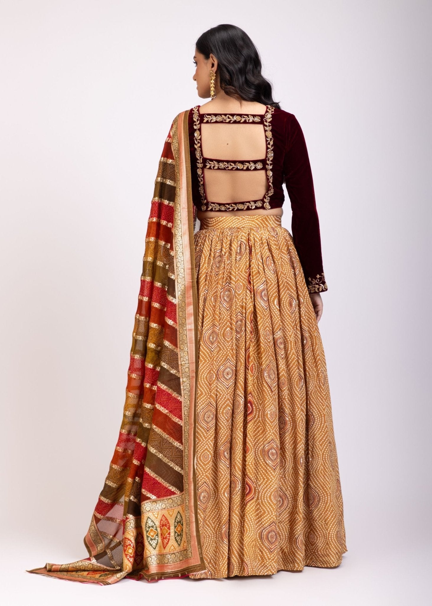 Mustard Yellow Lehenga Set With Marron Velvet Choli - Anvi Couture