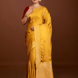Mustard Yellow Mashru Silk Banarasi Saree with Gold Zari Work and Floral Motifs – Front View – Anvi Couture