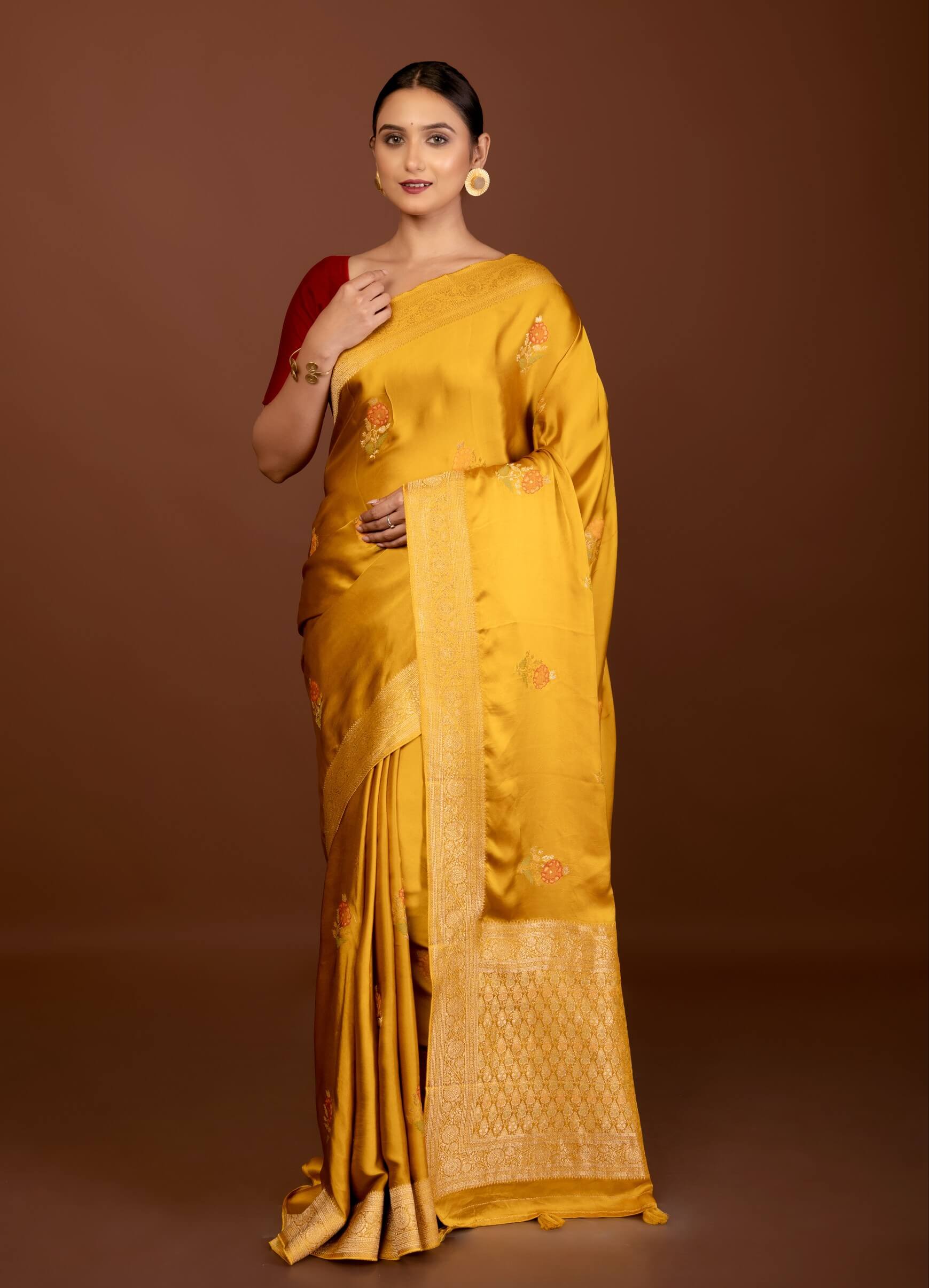 Mustard Yellow Mashru Silk Banarasi Saree with Gold Zari Work and Floral Motifs – Front View – Anvi Couture