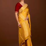 Mustard Yellow Mashru Silk Banarasi Saree – Gold Zari Floral Motifs – Side View – Anvi Couture