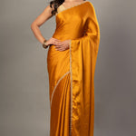 Mustard Yellow Satin Silk Saree With Embroidered Border - Anvi Couture