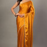 Mustard Yellow Satin Silk Saree With Embroidered Border - Anvi Couture