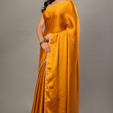 Mustard Yellow Satin Silk Saree With Embroidered Border - Anvi Couture