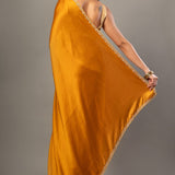 Mustard Yellow Satin Silk Saree With Embroidered Border - Anvi Couture