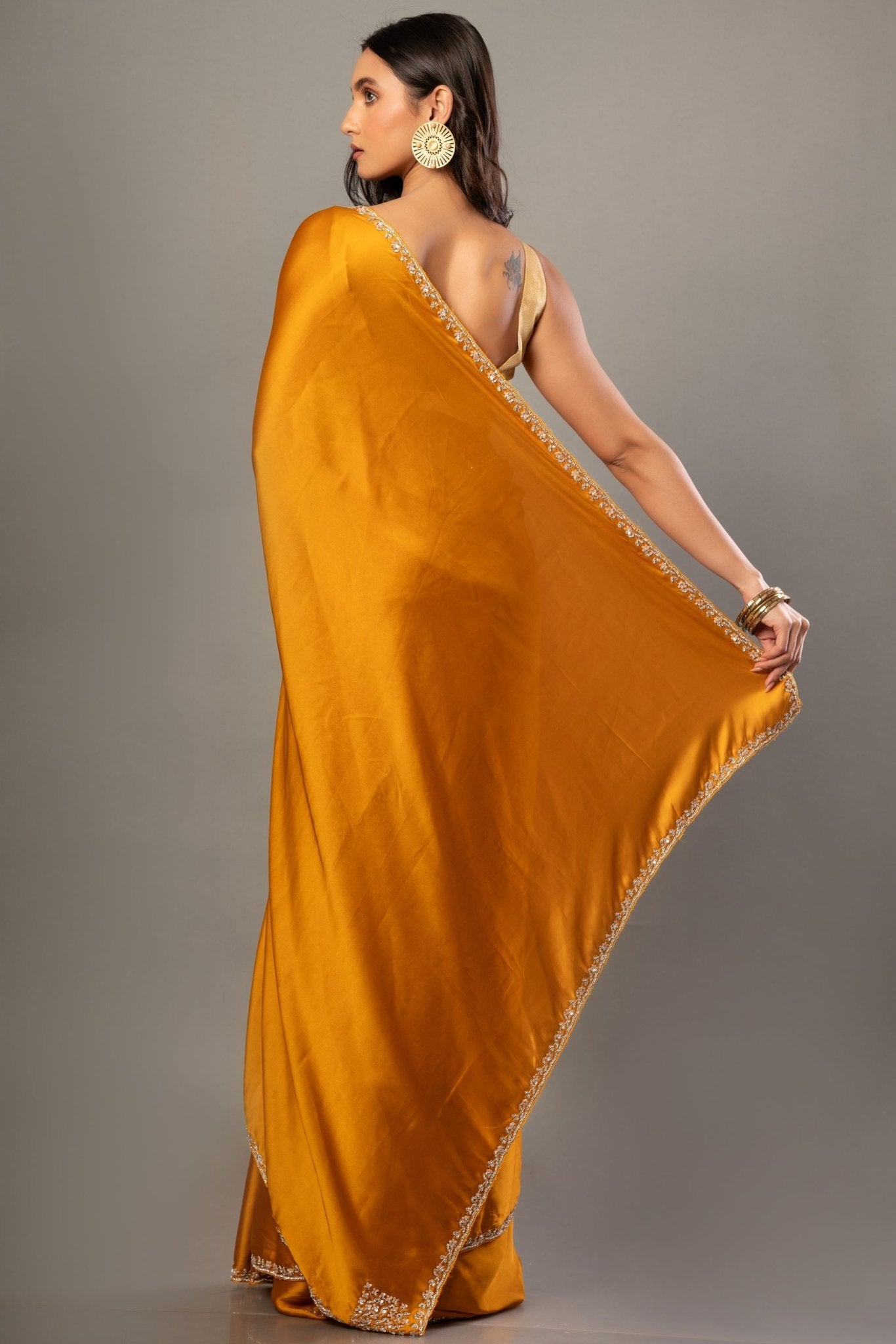 Mustard Yellow Satin Silk Saree With Embroidered Border - Anvi Couture