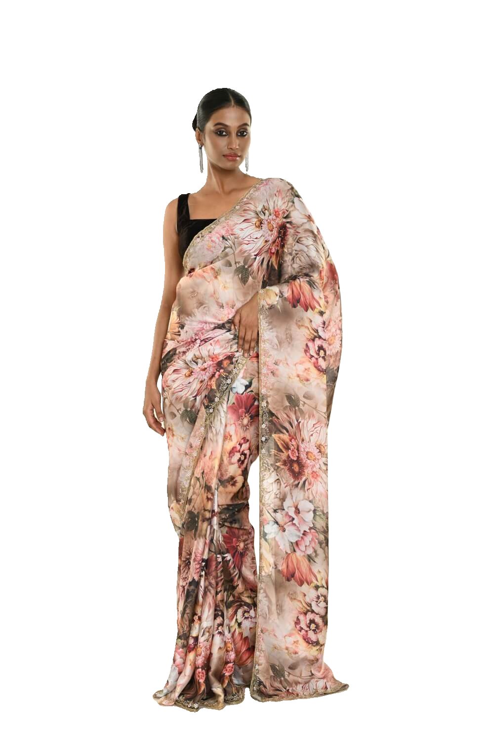 Ivory Crepe Saree with Delicate Floral Print and Cut Dana Embroidery Work - Image 1