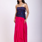 Navi Blue Off Shoulder Corset And Drape Skirt With Pink and Blue Embroidery And Cut Dana Detail Work full