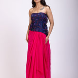 Navi Blue Off Shoulder Corset And Drape Skirt With Pink and Blue Embroidery And Cut Dana Detail Work full