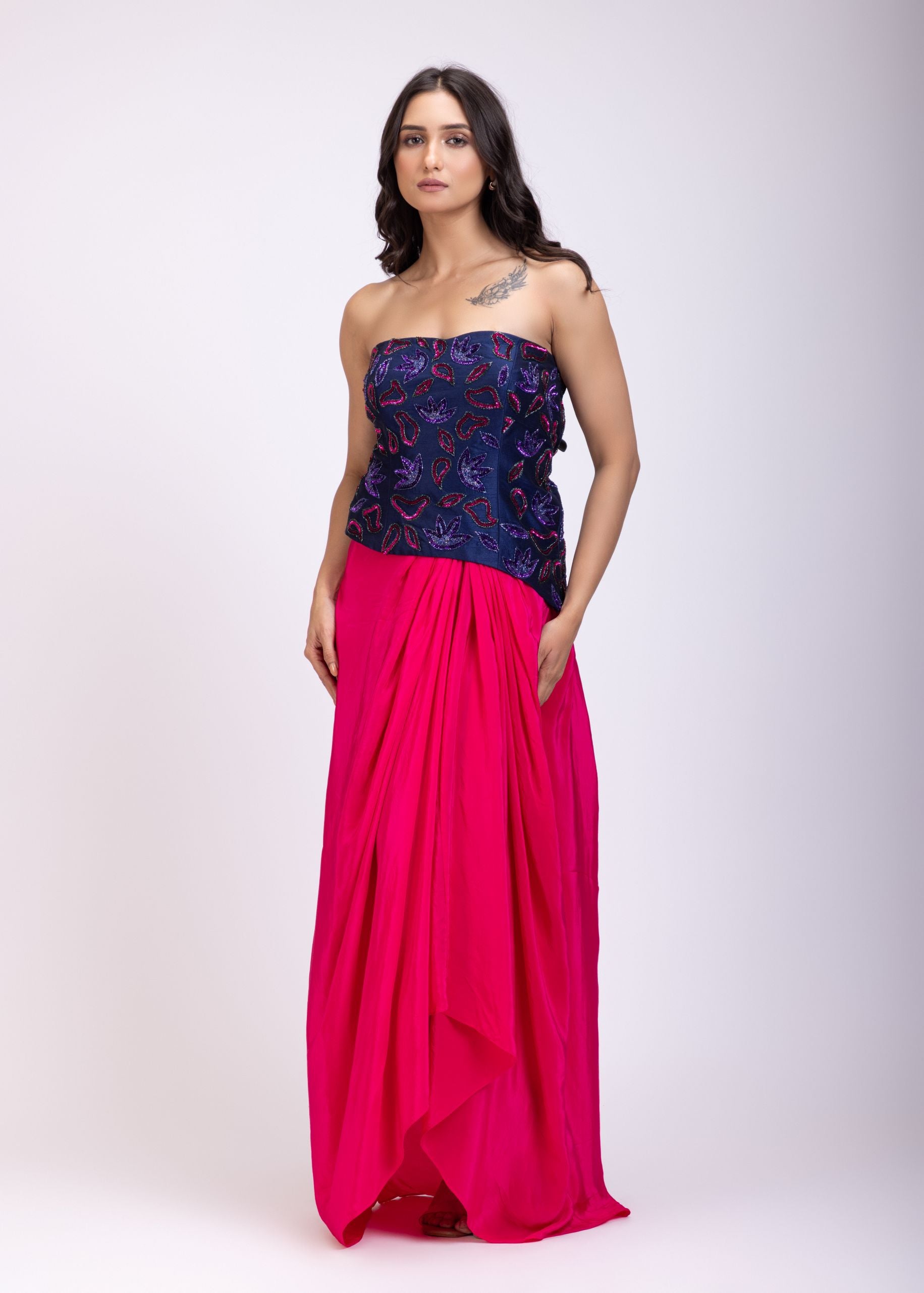 Navi Blue Off Shoulder Corset And Drape Skirt With Pink and Blue Embroidery And Cut Dana Detail Work full