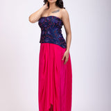 Navi Blue Off Shoulder Corset And Drape Skirt With Pink and Blue Embroidery And Cut Dana Detail Work front