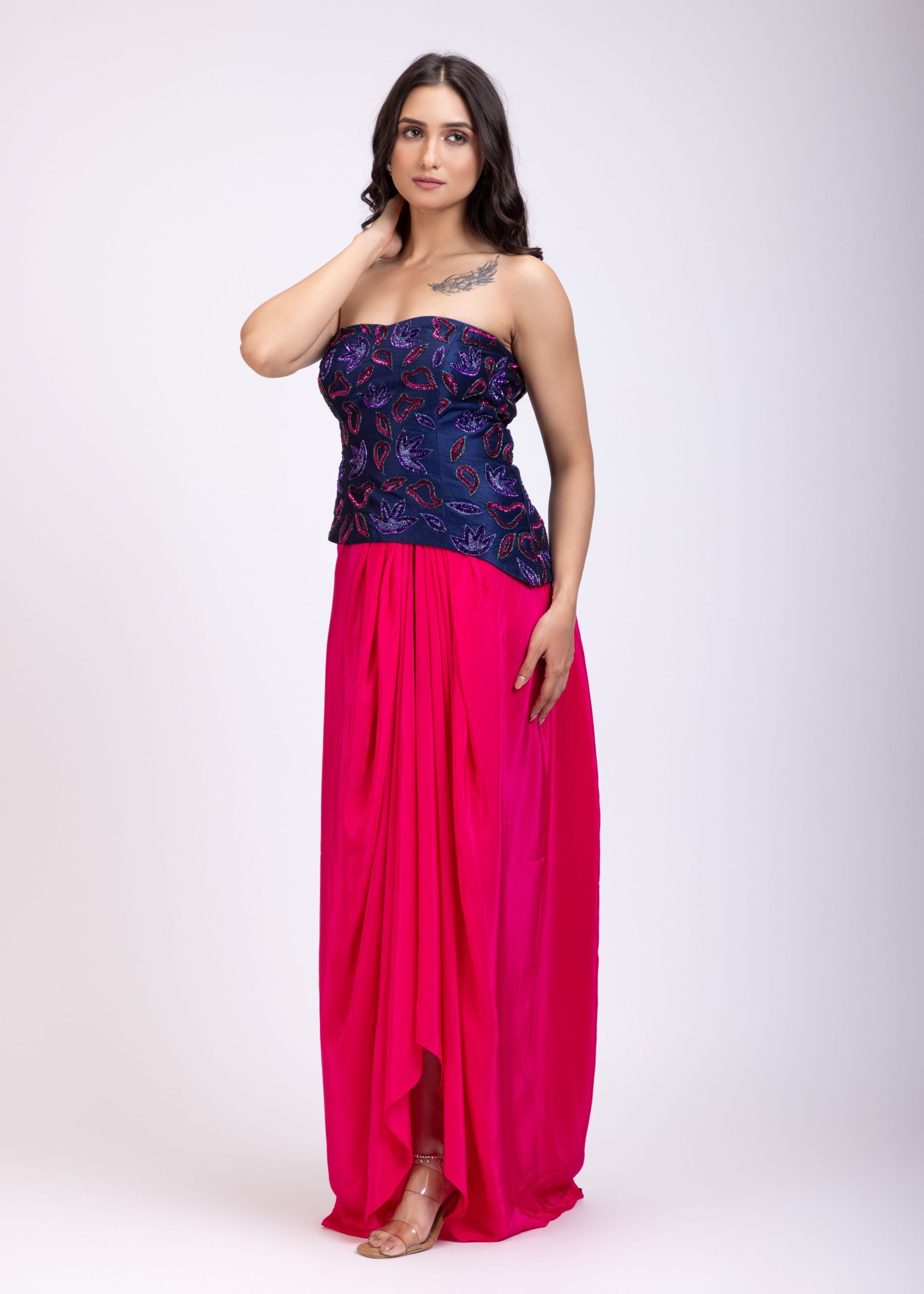 Navi Blue Off Shoulder Corset And Drape Skirt With Pink and Blue Embroidery And Cut Dana Detail Work front