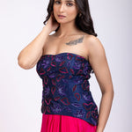 Navi Blue Off Shoulder Corset And Drape Skirt With Pink and Blue Embroidery And Cut Dana Detail Work close up