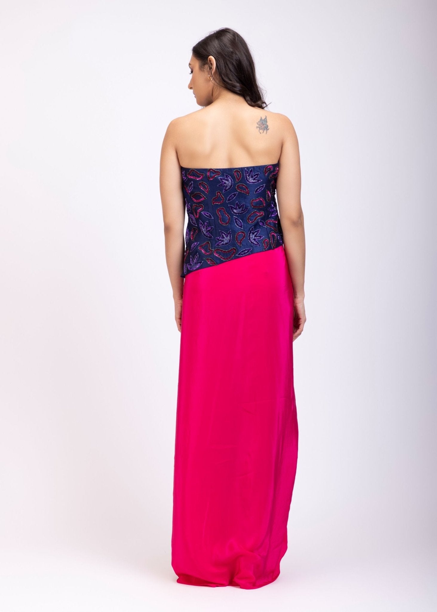 Navi Blue Off Shoulder Corset And Drape Skirt With Pink and Blue Embroidery And Cut Dana Detail Work - Anvi Couture