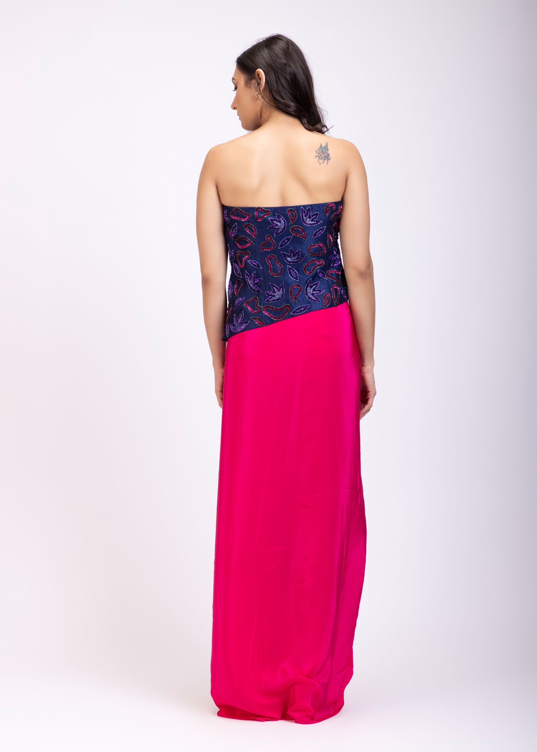 Navi Blue Off Shoulder Corset And Drape Skirt With Pink and Blue Embroidery And Cut Dana Detail Work back