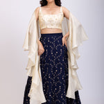 Navi Blue and Beige Embroidered Ruffle Lehenga Set full