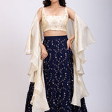 Navi Blue and Beige Embroidered Ruffle Lehenga Set full