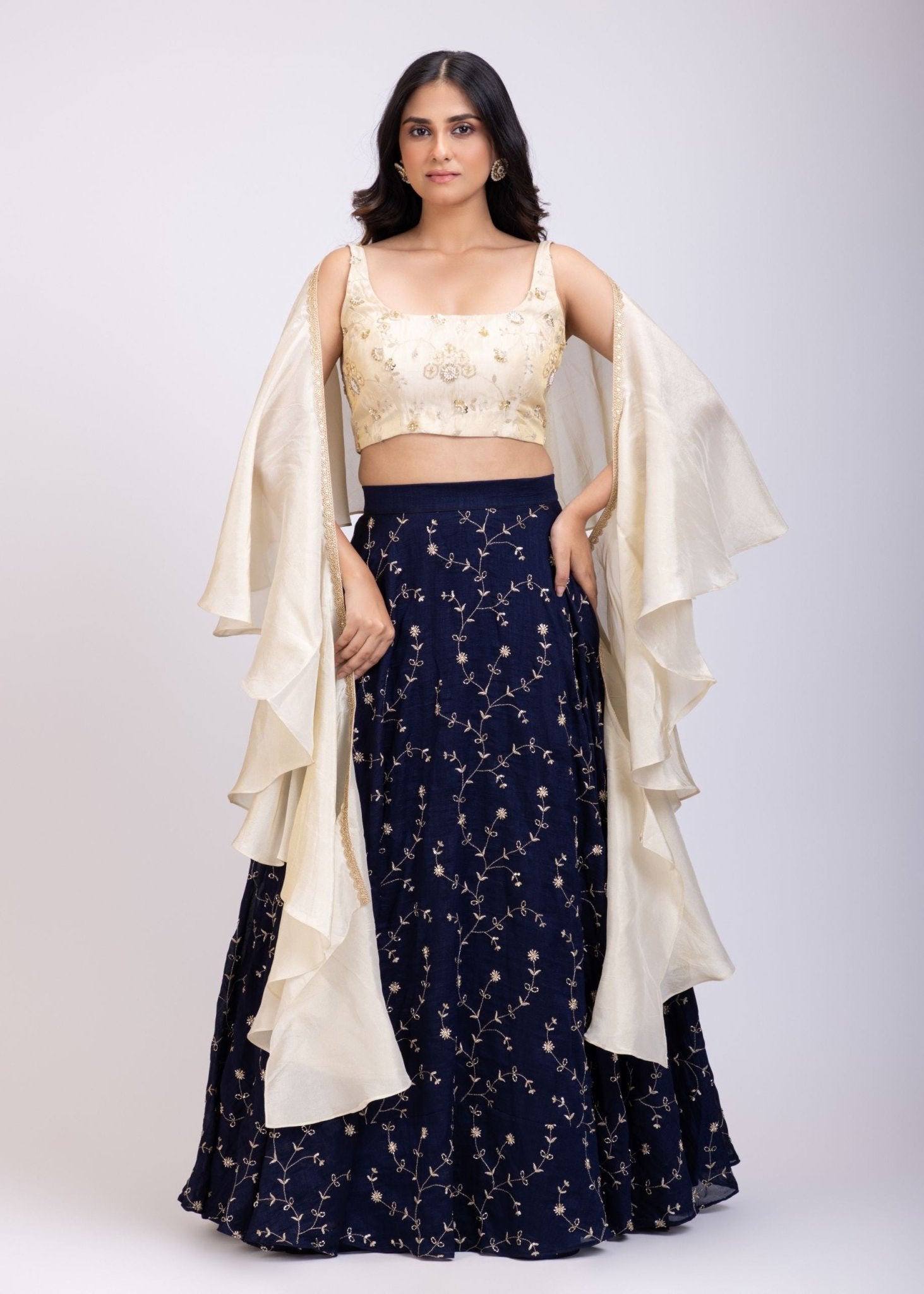 Navi Blue and Beige Embroidered Ruffle Lehenga Set - Anvi Couture