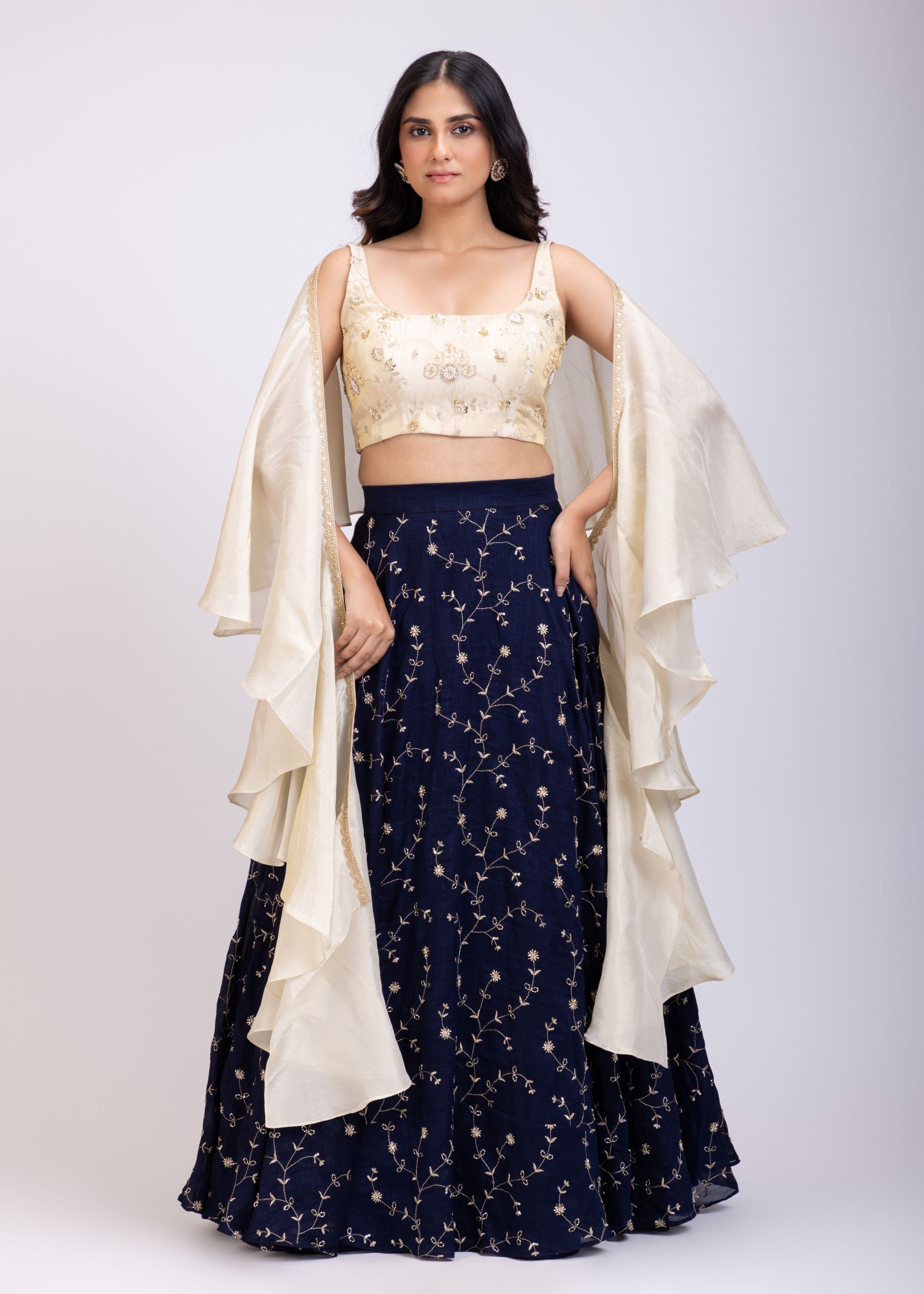 Navi Blue and Beige Embroidered Ruffle Lehenga Set full