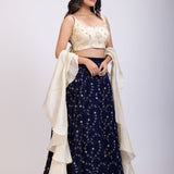 Navi Blue and Beige Embroidered Ruffle Lehenga Set front
