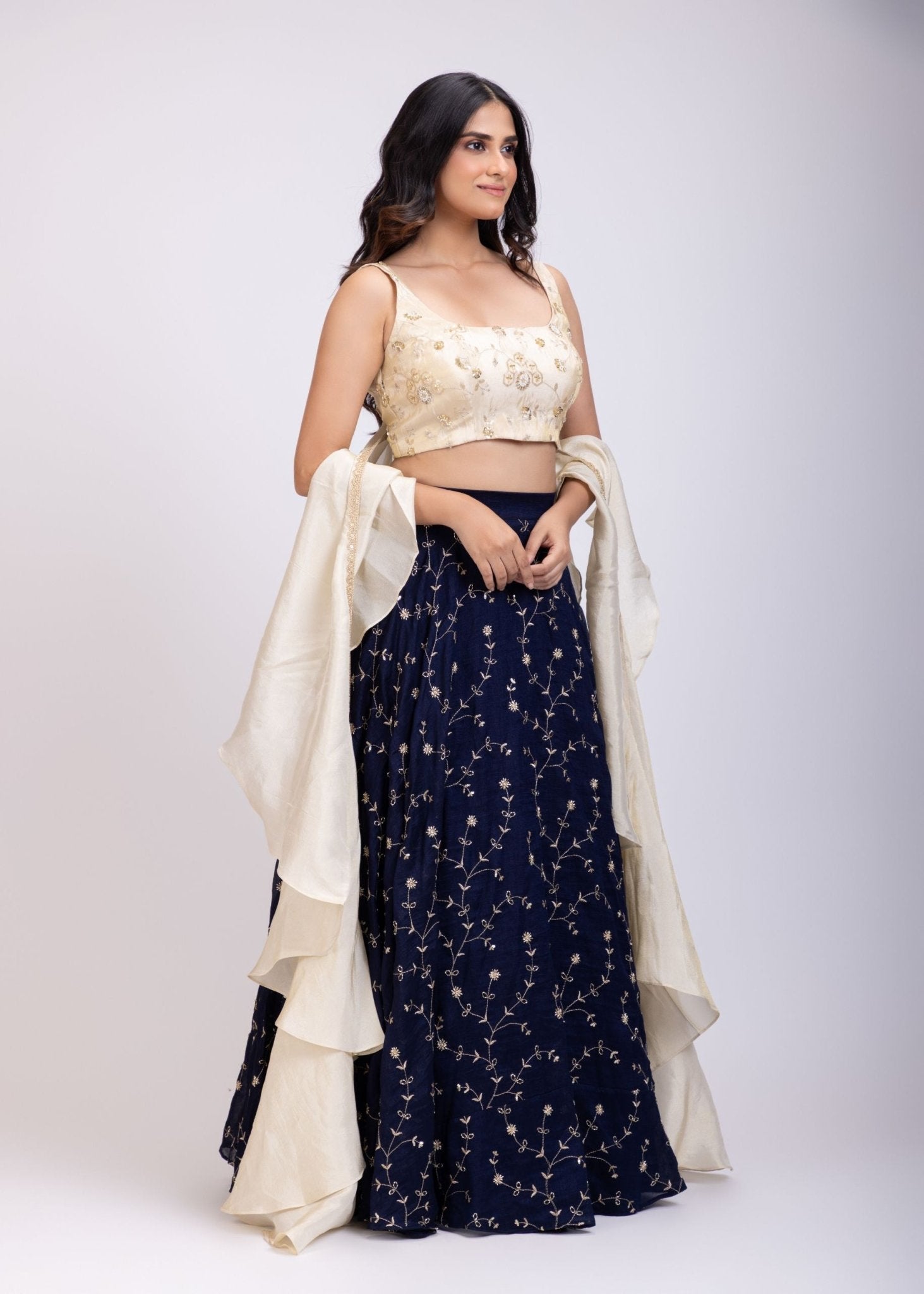 Navi Blue and Beige Embroidered Ruffle Lehenga Set - Anvi Couture
