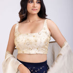 Navi Blue and Beige Embroidered Ruffle Lehenga Set close up