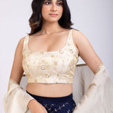 Navi Blue and Beige Embroidered Ruffle Lehenga Set close up