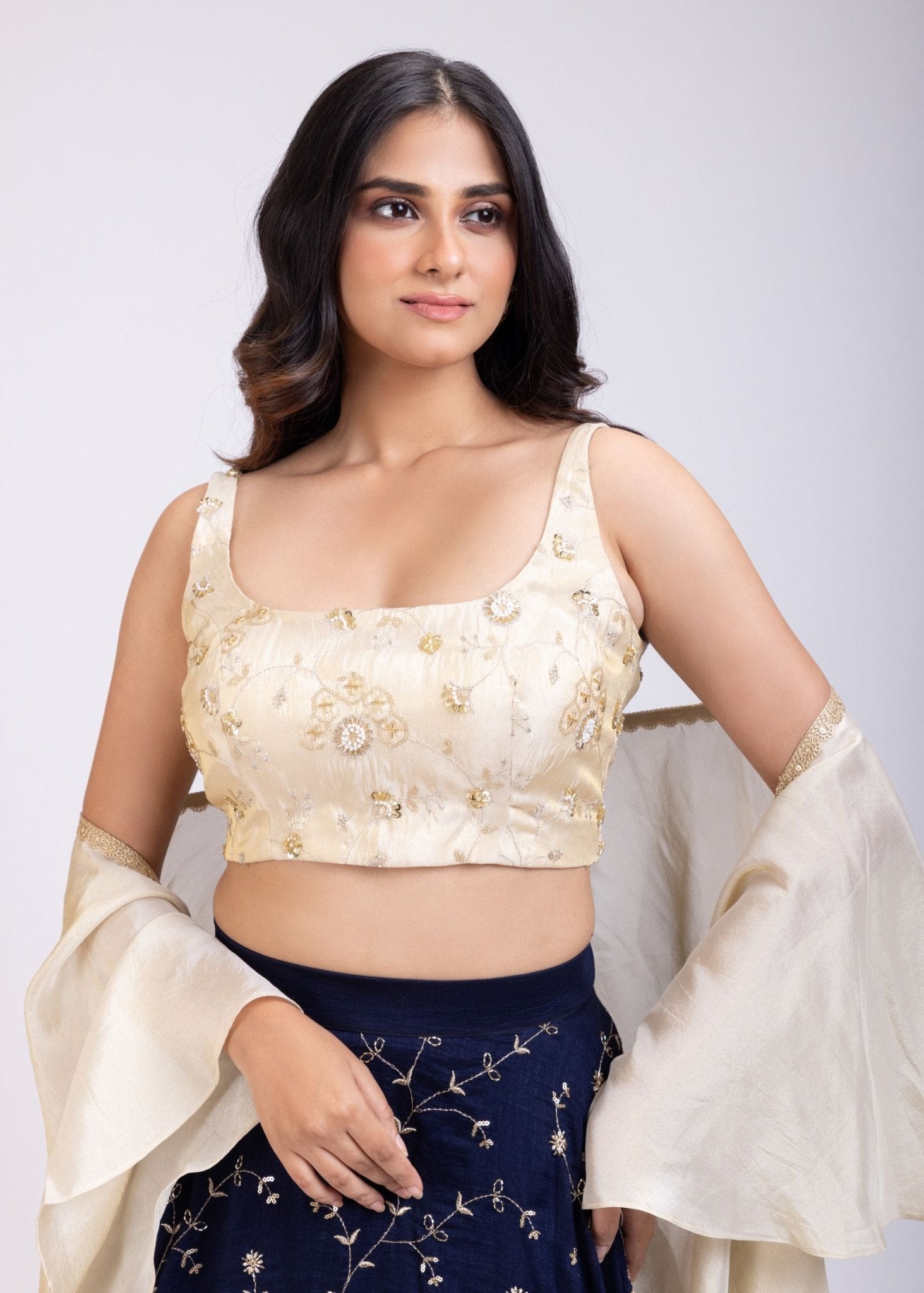 Navi Blue and Beige Embroidered Ruffle Lehenga Set - Anvi Couture