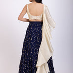 Navi Blue and Beige Embroidered Ruffle Lehenga Set back
