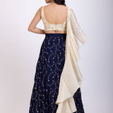 Navi Blue and Beige Embroidered Ruffle Lehenga Set back