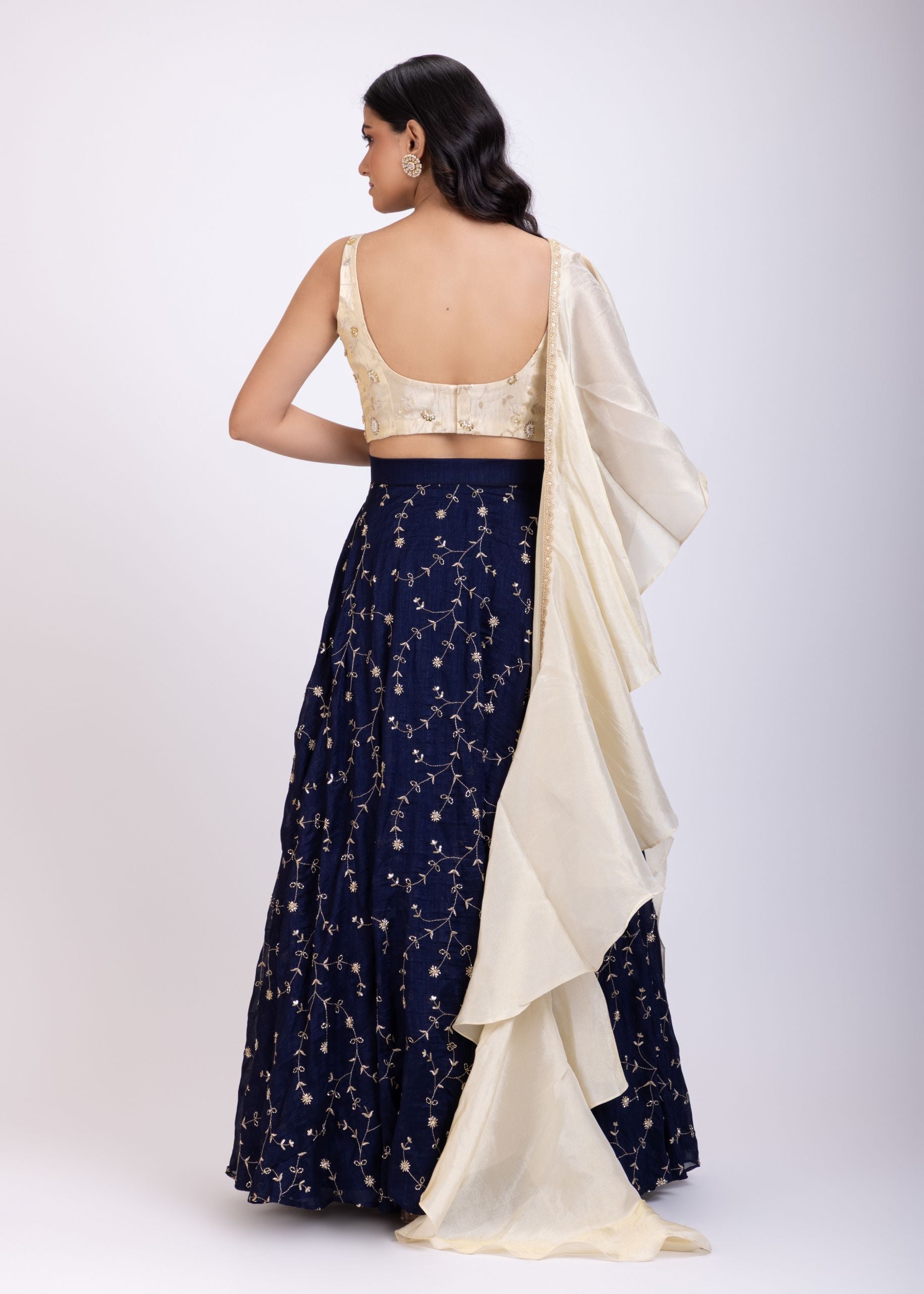 Navi Blue and Beige Embroidered Ruffle Lehenga Set back