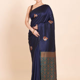 Navy Blue Borderless Kanjivaram Silk Saree with Green Pallu - Anvi Couture