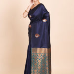 Navy Blue Borderless Kanjivaram Silk Saree with Green Pallu - Anvi Couture