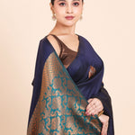 Navy Blue Borderless Kanjivaram Silk Saree with Green Pallu - Anvi Couture