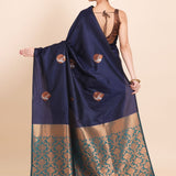 Navy Blue Borderless Kanjivaram Silk Saree with Green Pallu - Anvi Couture