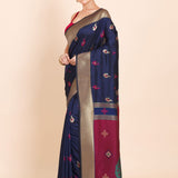 Navy Blue Paithani Silk Saree with Golden Border and Maroon Pallu - Anvi Couture