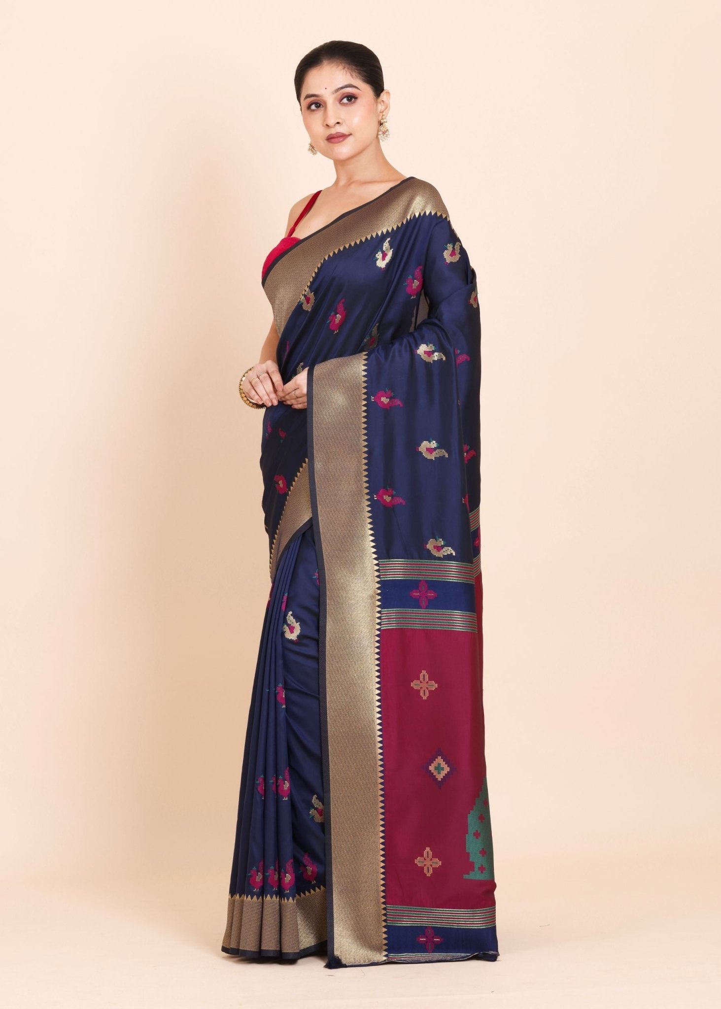 Navy Blue Paithani Silk Saree with Golden Border and Maroon Pallu - Anvi Couture